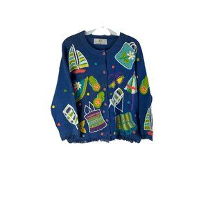 Vintage 90s Whimsy Cardigan Sweater Summer Sail Boat All Over Knit
